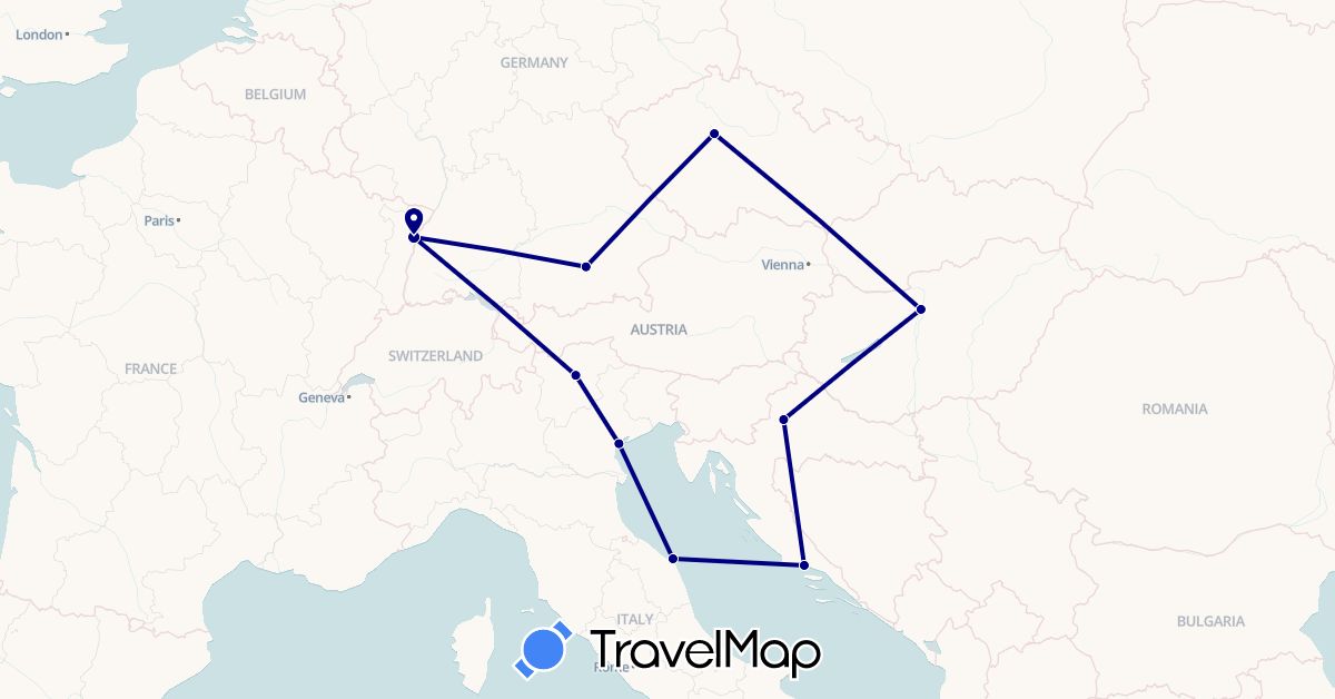 TravelMap itinerary: driving in Czech Republic, Germany, France, Croatia, Hungary, Italy (Europe)